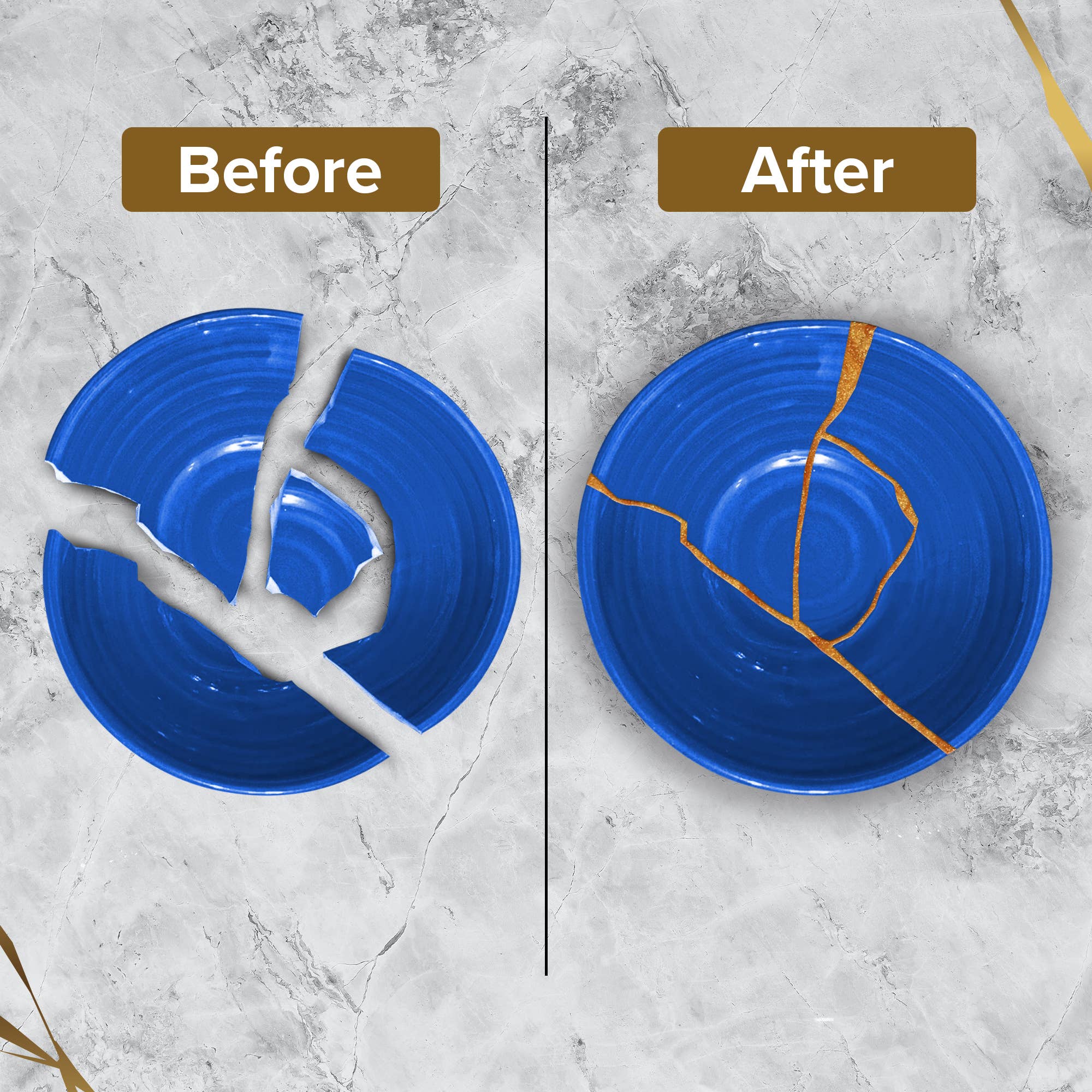 Hill Hjem - Vente Kit de bricolage - Kit de réparation Kintsugi doré - Sécuritaire pour les aliments9