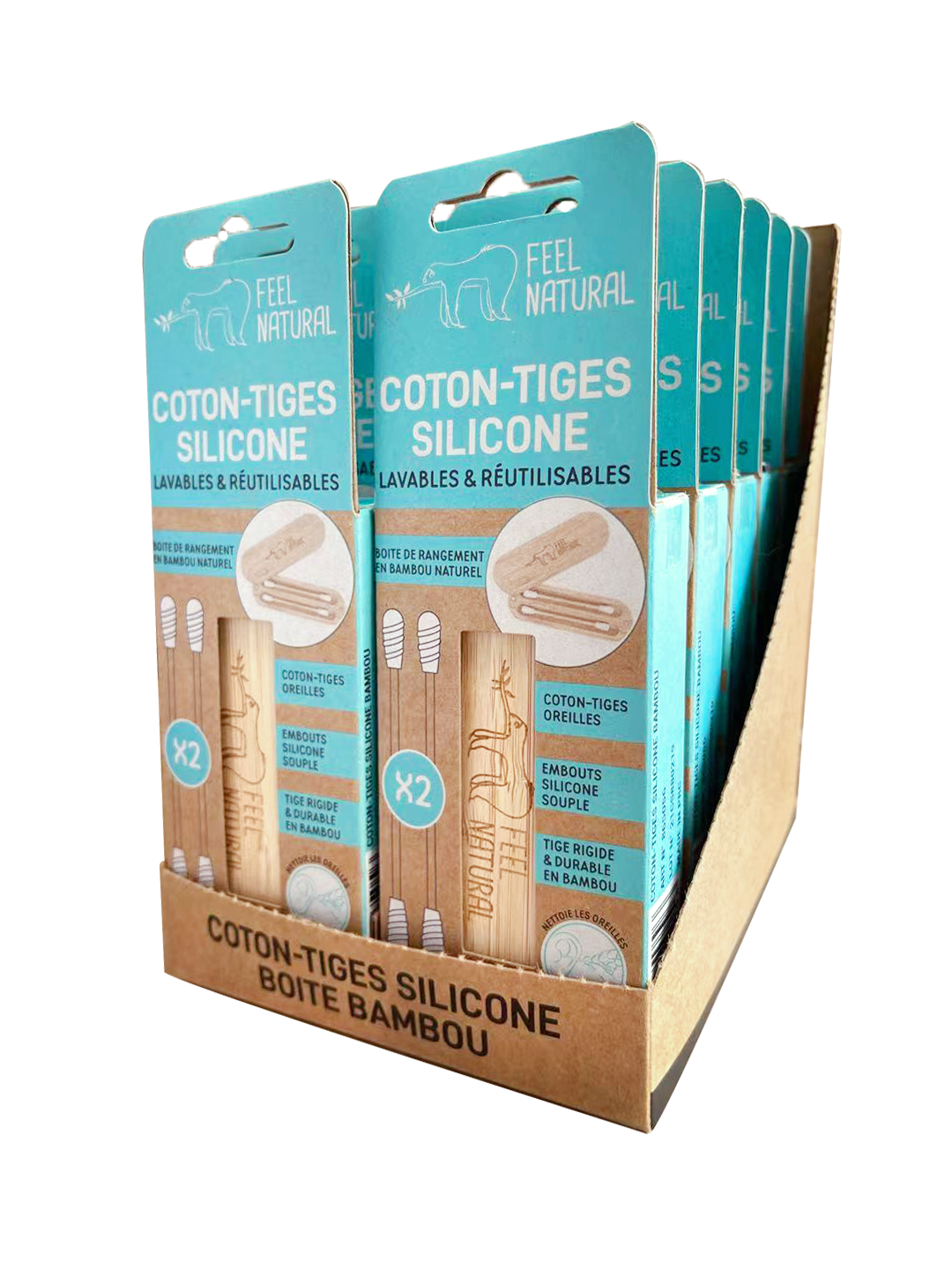FRENCH TENDANCE - Wholesale Cotton Swab/Q-Tip - Bamboo box + 2 cotton buds Silicone - Feel Natural2