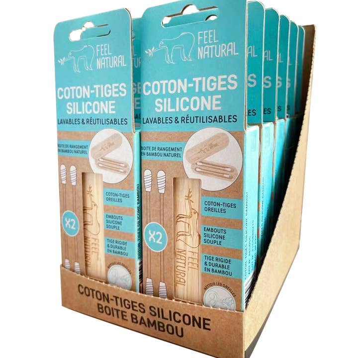 FRENCH TENDANCE - Wholesale Cotton Swab/Q-Tip - Bamboo box + 2 cotton buds Silicone - Feel Natural2