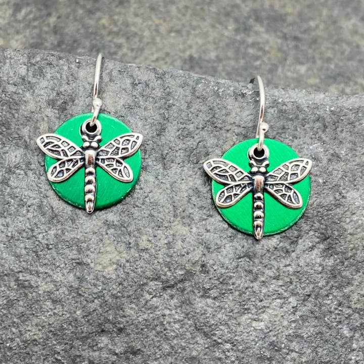 Elizabeth Jewelry - Wholesale Dangle Earrings - Green Dragonfly with sterling silver earwires earring