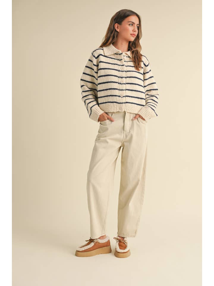 MIOU MUSE - Wholesale Cardigan - Women's - J3936 BUTTONDOWN STRIPED KNITTED CARDIGAN