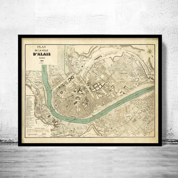 Alte Karte von Ville d'Alais 1910 Alés Karte Frankreich Vintage Karte | Vintage Karten Wandkunst Druck für den Großhandel von OldCityPrints - Old Maps and Posters