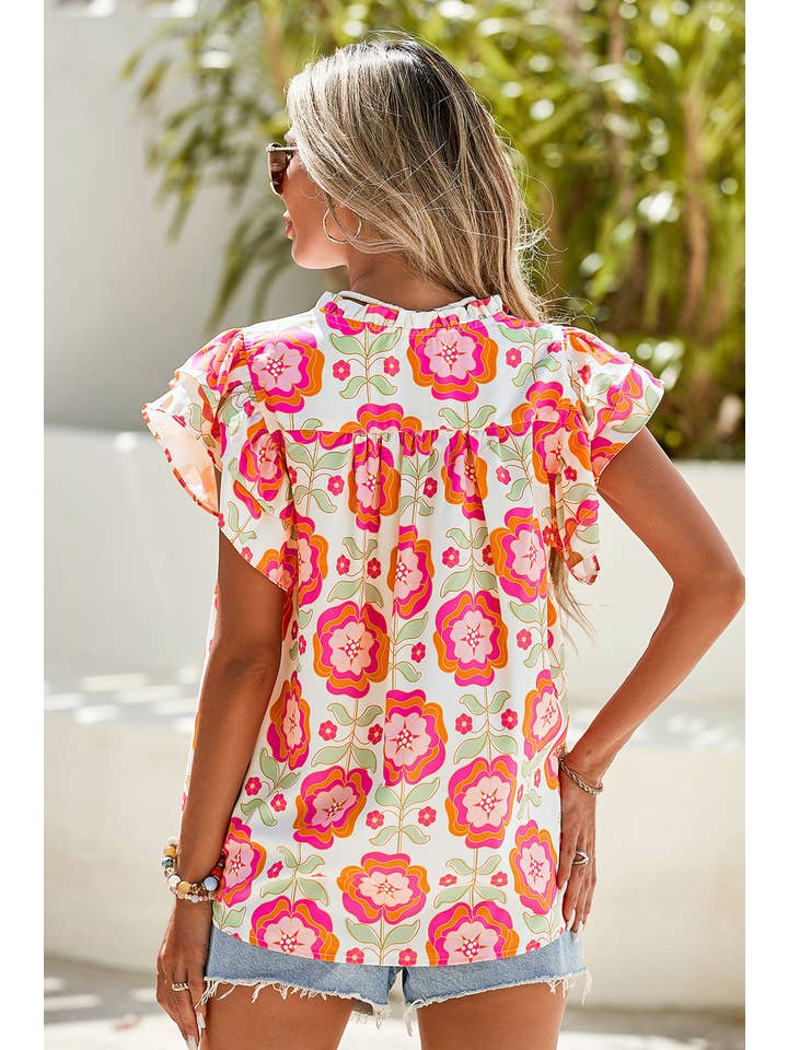 Rose LDC Boho Floral Print Ricrac Ruffle Sleeve Blouse for wholesale on Faire