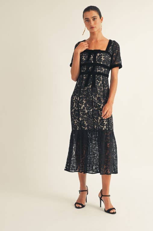 JUST ME - Vente Robe – femme - Robe midi en dentelle florale à manches courtes3