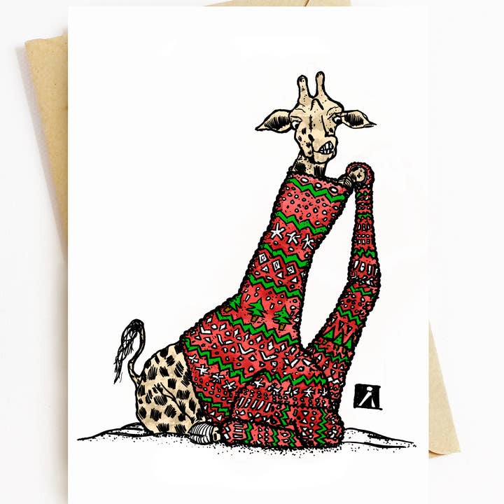 Tarjeta de Navidad con forma de jirafa con feo suéter navideño, 5 x 7 para venta al por mayor de Bellavance Ink