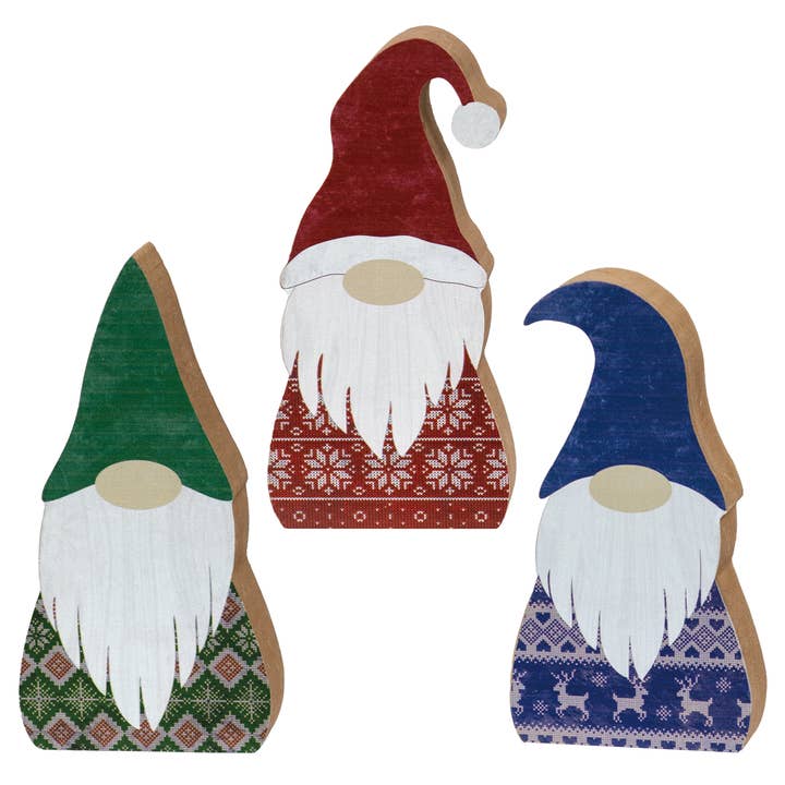 Christmas Sweater Gnome Chunky Sitter, 3 Assorted for wholesale by The Hearthside Collection