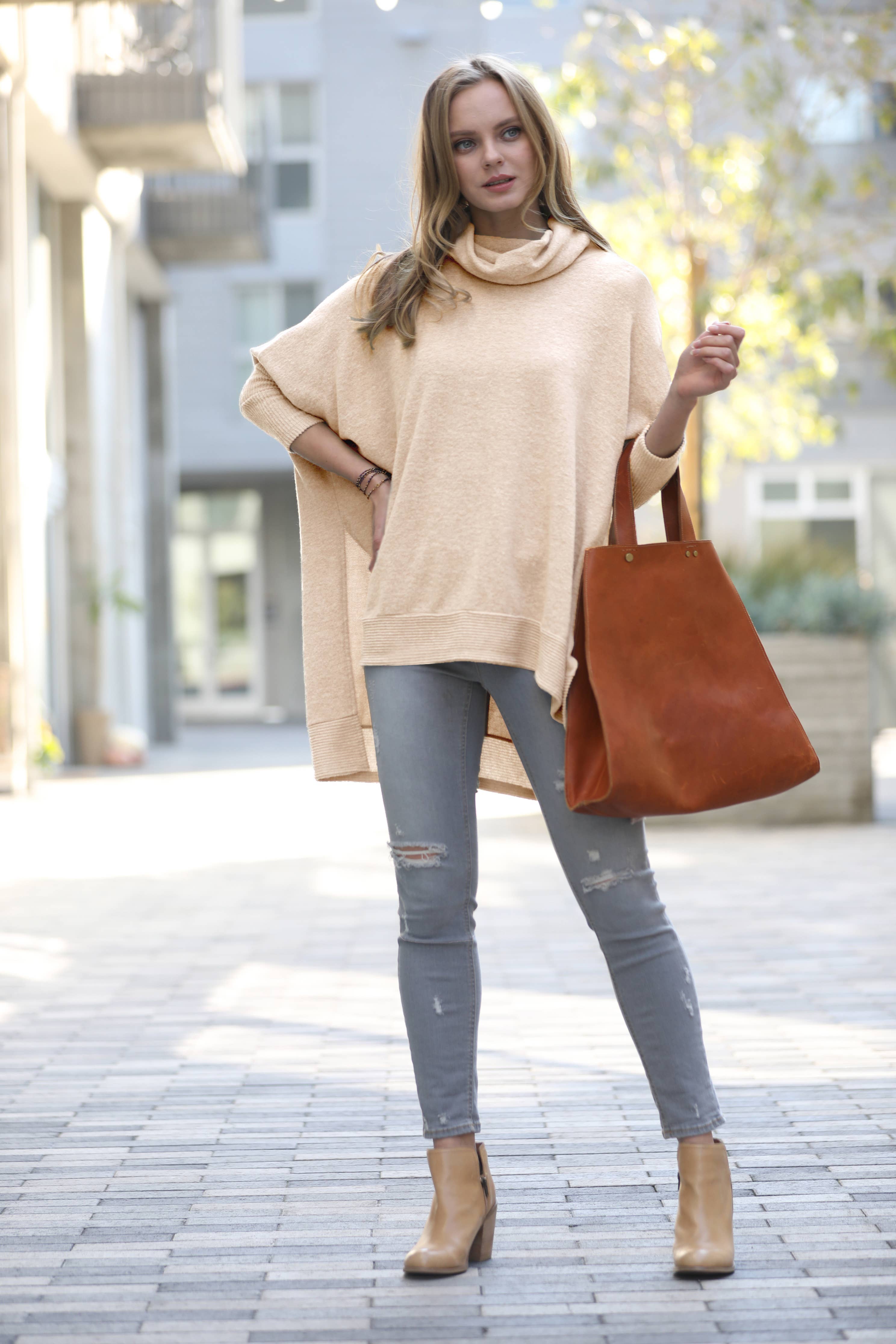 42POPS – wholesale Poncho - Dam – ...._ Borstad Melange Polokrageponcho Hi-low Tröja12