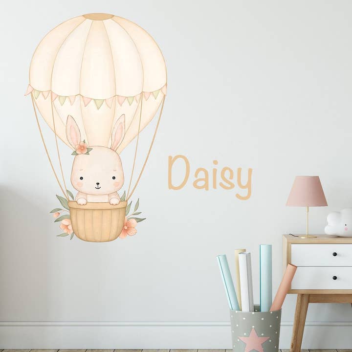 Impresión personalizada de globo aerostático para guardería, bonita decoración de guardería, regalo de baby shower, bonito estampado animal, arte de pared para guardería, bebé conejo, regalo para recién nacido para venta al por mayor de Hello Beautiful Designs