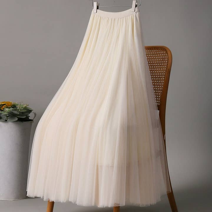 ACCITY - Wholesale Skirt - Women's - SOLID COLOR ELASTIC-WAIST MESH TULLE A-LINE SKIRT_CWBLS03725