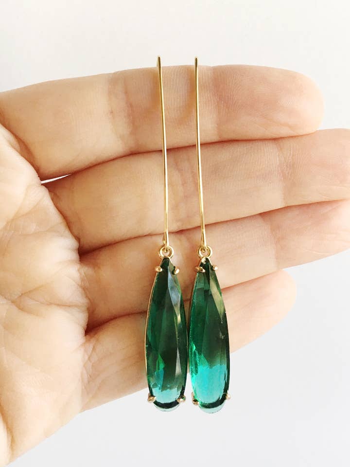 Emerald Green Teardrop and Gold Long Dangle Earrings for wholesale by lynnique