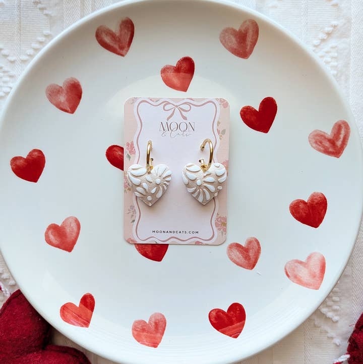 Moon & Cats - Wholesale Dangle Earrings - White talavera on beige hearts1