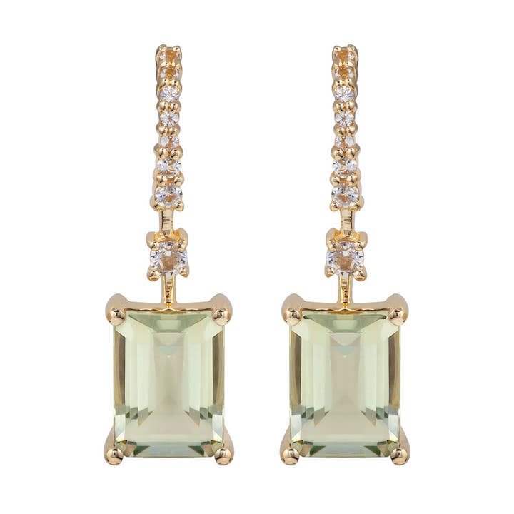 10k Yellow Gold Emerald-Cut Green Amethyst and White Topaz Dangle Earrings for wholesale by Luxurie Inc