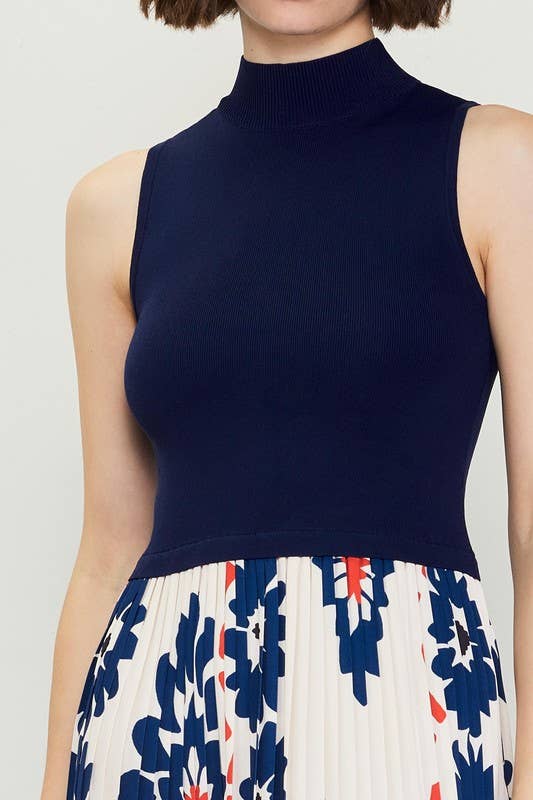 Ivory Navy Sleeveless Knit & Print Midi Dress for wholesale on Faire6
