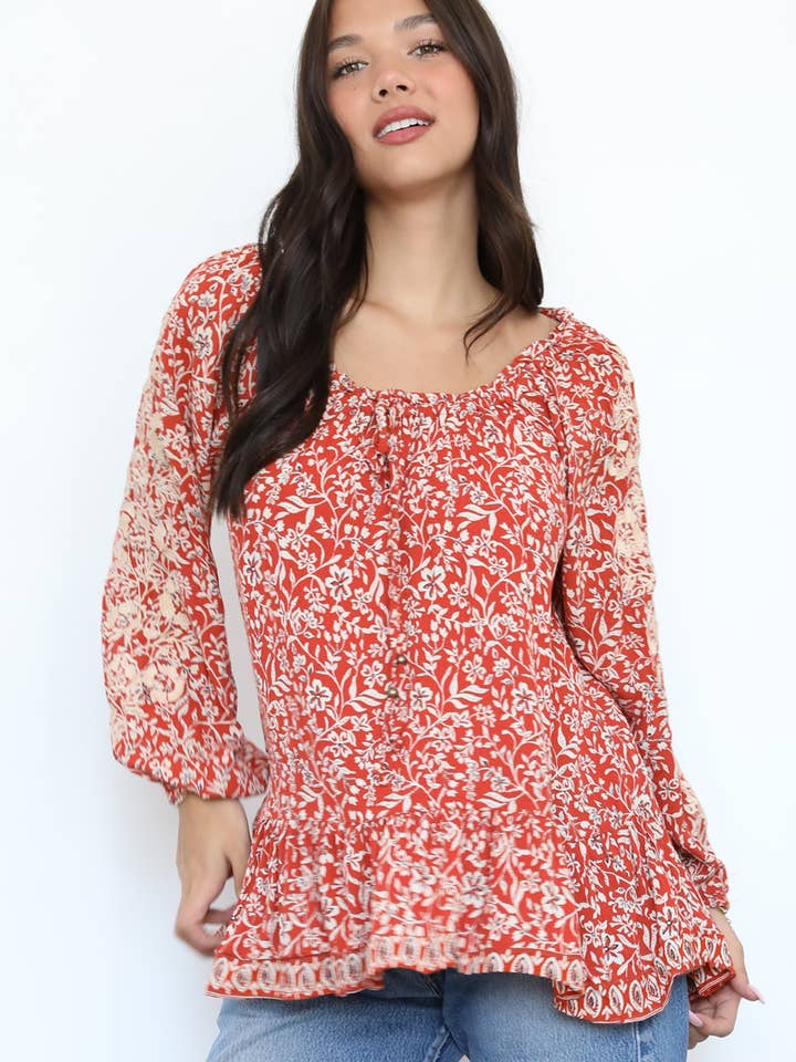 N2W19-FR00 EMBROIDERED SLEEVES PRINTED BLOUSE for wholesale by Nostalgia