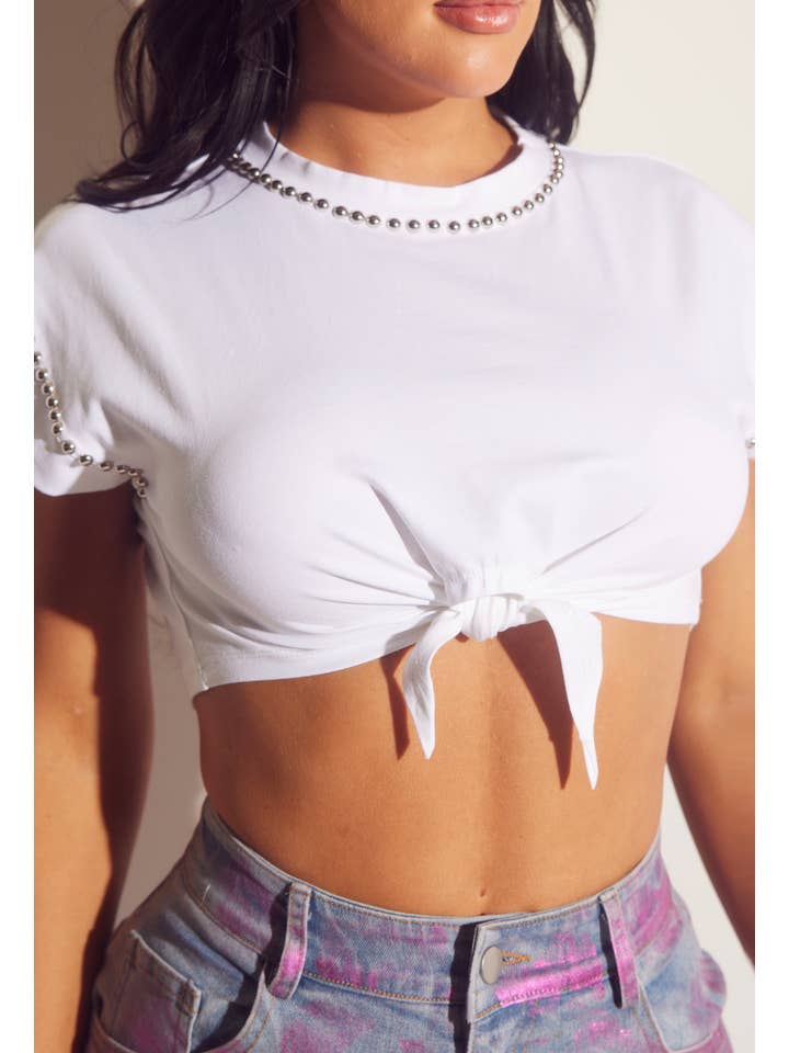 WFFS - Wholesale T-Shirt - Women's - Metallic Studded Tie-Waist Cotton-Blend T-Shirt