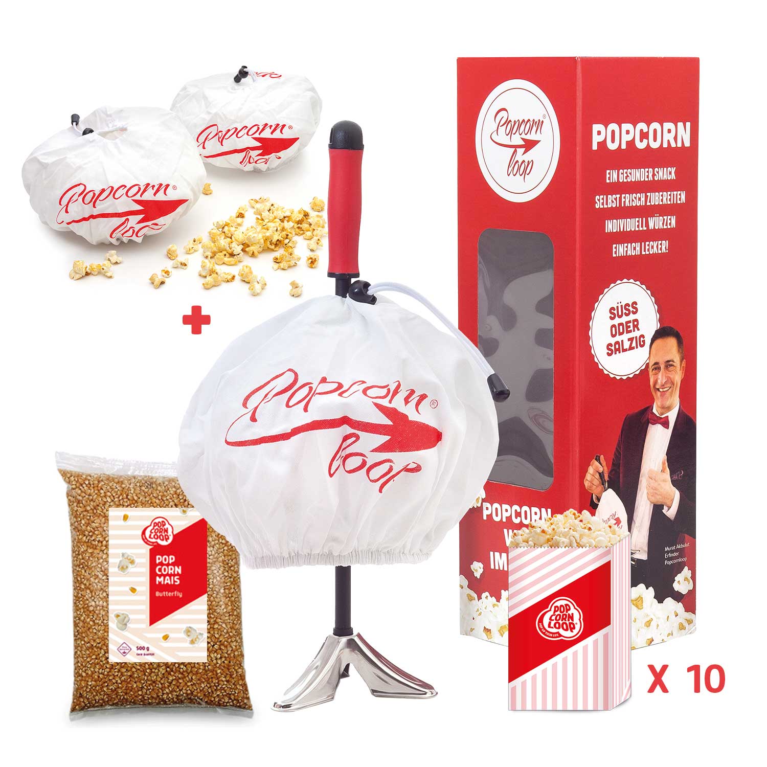 Popcornloop - Vendita all'ingrosso Utensile/attrezzo da cucina - Mega confezione: popcorn loop I confezione da 10 sacchetti M per popcorn I 1 chilo di mais a farfalla I confezione da 2 cover originali3