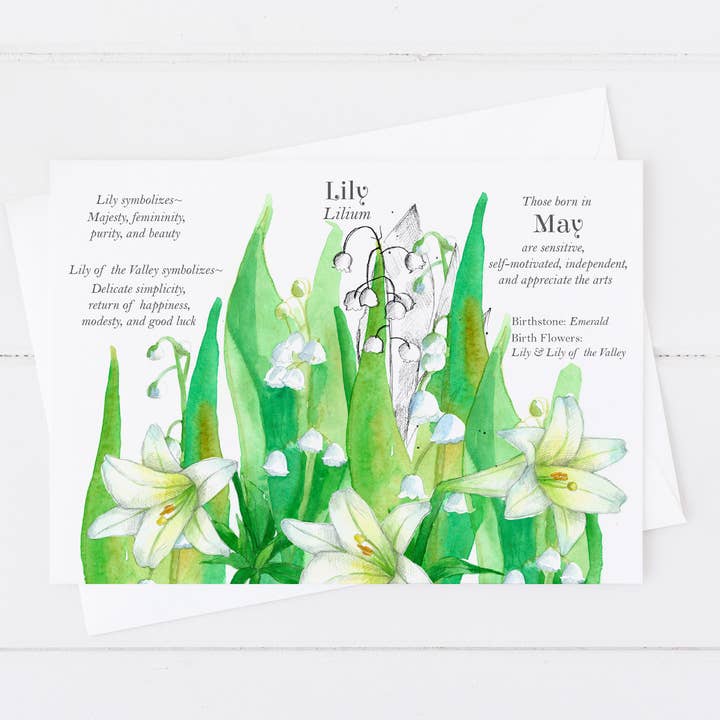 Mai Geburt Monat Lily Flowers Geburtstag Grußkarte für den Großhandel von Rugosa & Pine