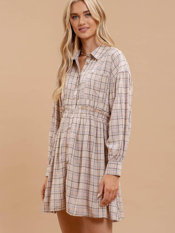 BEIGE MULTI PLAID COLLARED BUTTON DOWN LONG SLEEVE DRESS for wholesale on Faire