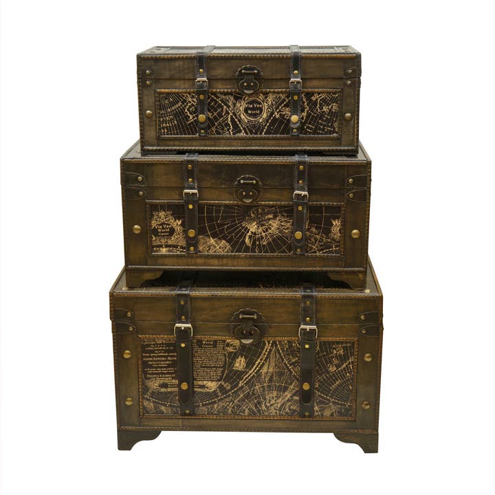 Ensemble de malles carte du monde noir et or, ensemble de 3 pour la vente par Boxman