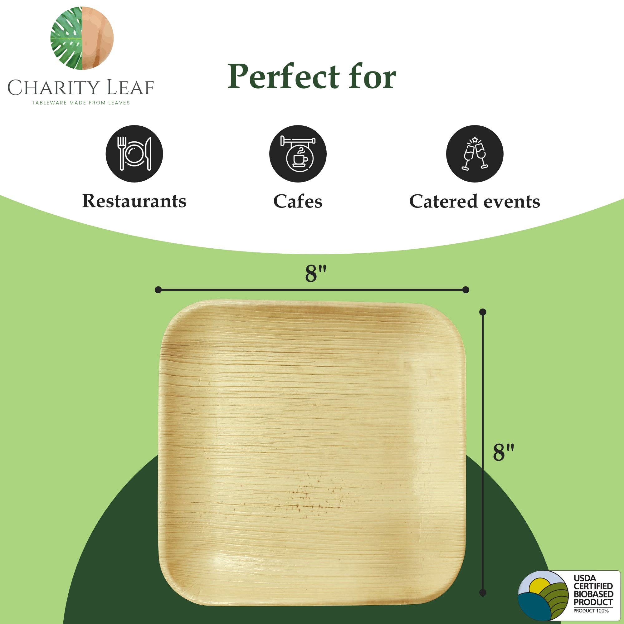 Charity Leaf – Engroshandel Engangstallerken – Palmeblad Firkantede Tallerkener - 20 cm - Pakke med 50 stk3