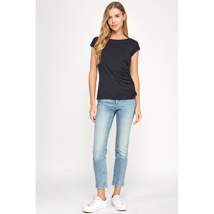 Heimious - Wholesale T-Shirt - Women's - One Side Ruched Cap Sleeve Top, T8431