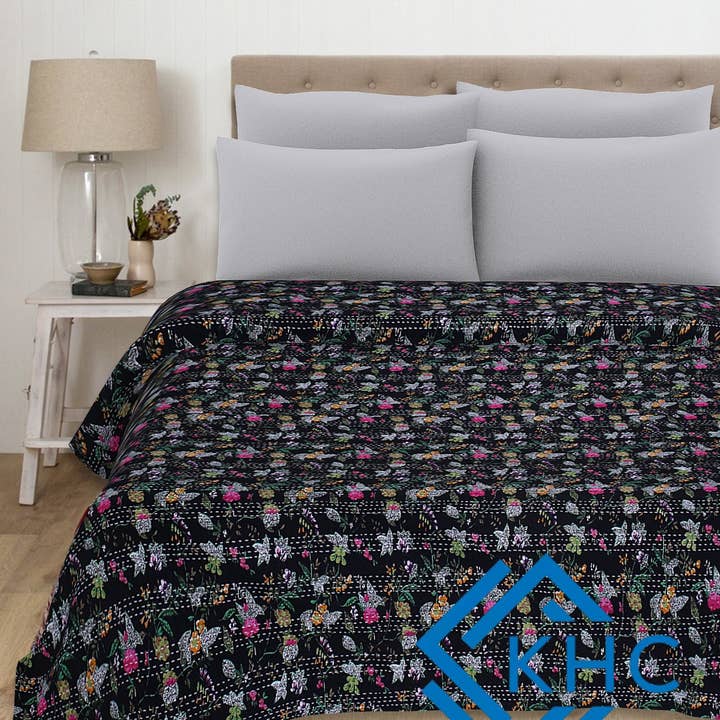 Svart Blommig Paradis Kantha Sängöverkast Quilt för wholesale av KHC