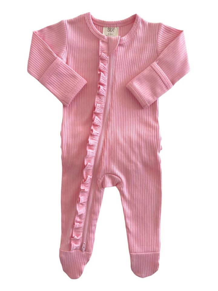 SIIX Collection - Wholesale Jumpsuit - Baby - Pink / Organic Ribbed Frill Zip Footie (Baby - Kids)