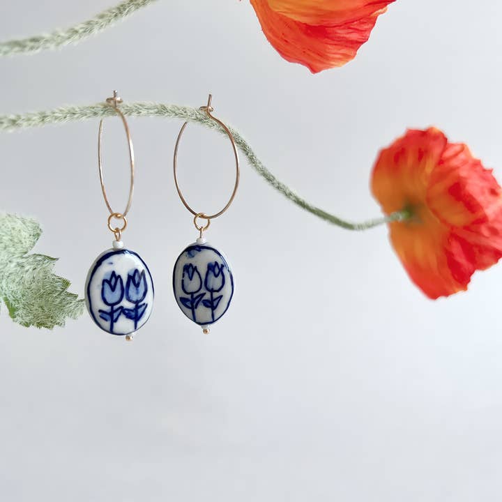 Yellow Dots Studio - Wholesale Dangle Earrings - Blue Tulips Hoop Earrings | Ceramic Earrings
