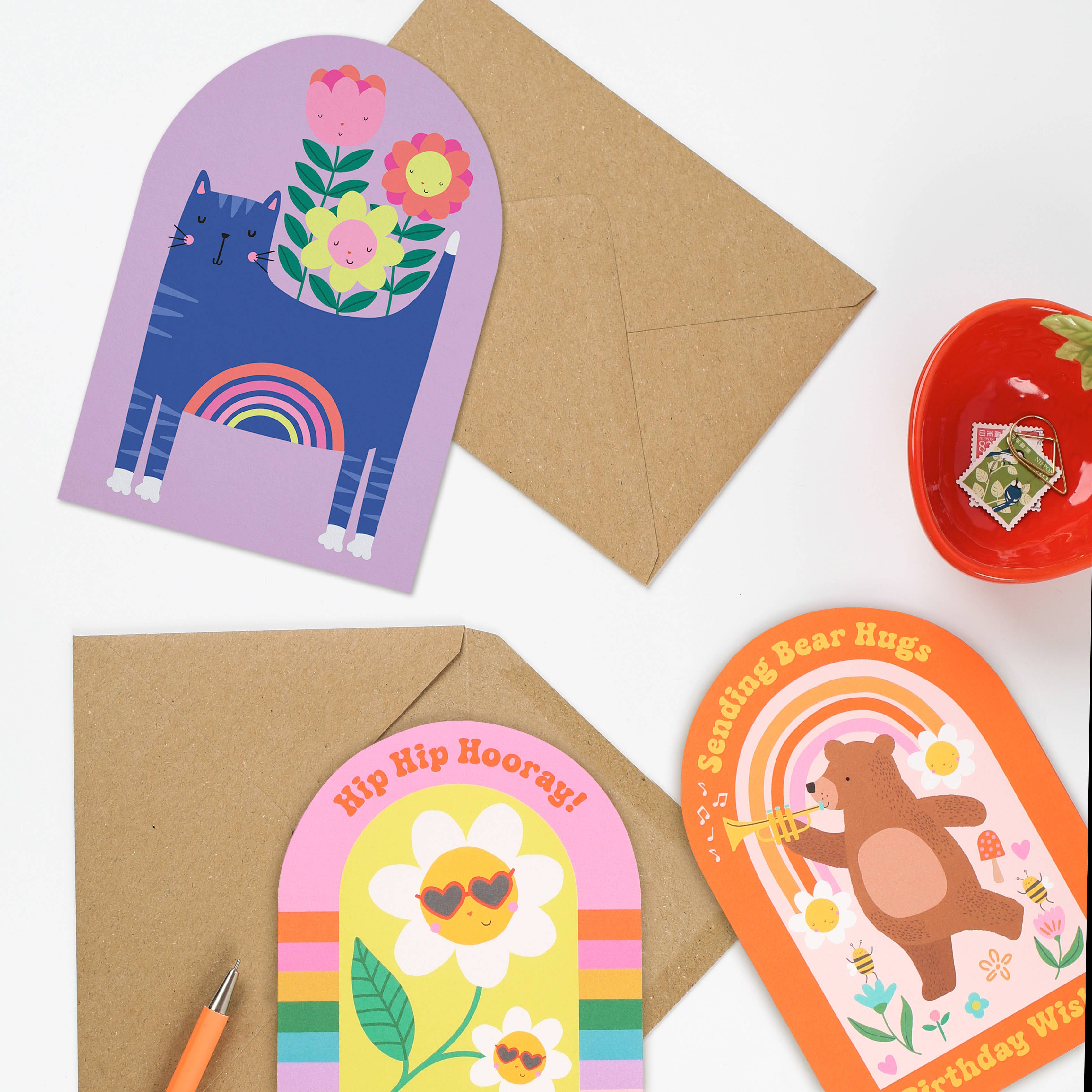 Mifkins – wholesale Birthday card – Whimsical Bear Hugs Birthday Card with Rainbow and Flowers6