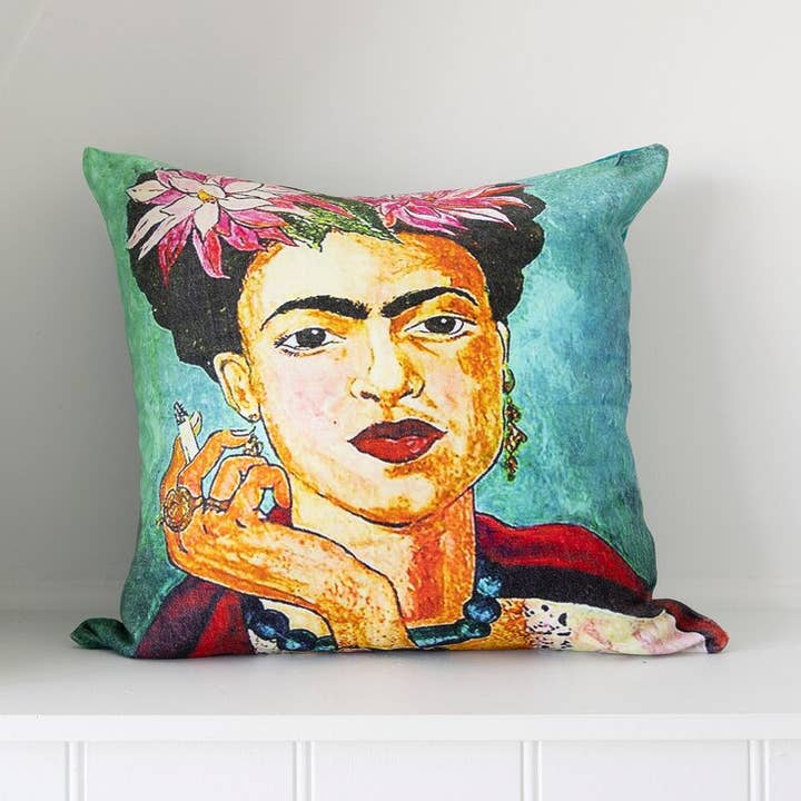 Dekorativer Kissenbezug „Mexican Painter“, Frida-Gesicht, Grün für den Großhandel von Linen Connections