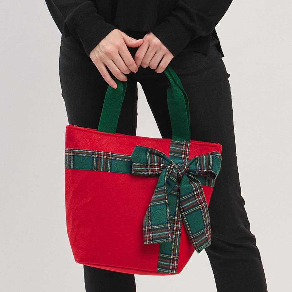 JOIA ACCESSORIES - Wholesale Tote Bag - Women's - CHRISTMAS GREEN TOTE BAG WITH RED PLAID BOW, MB 032112