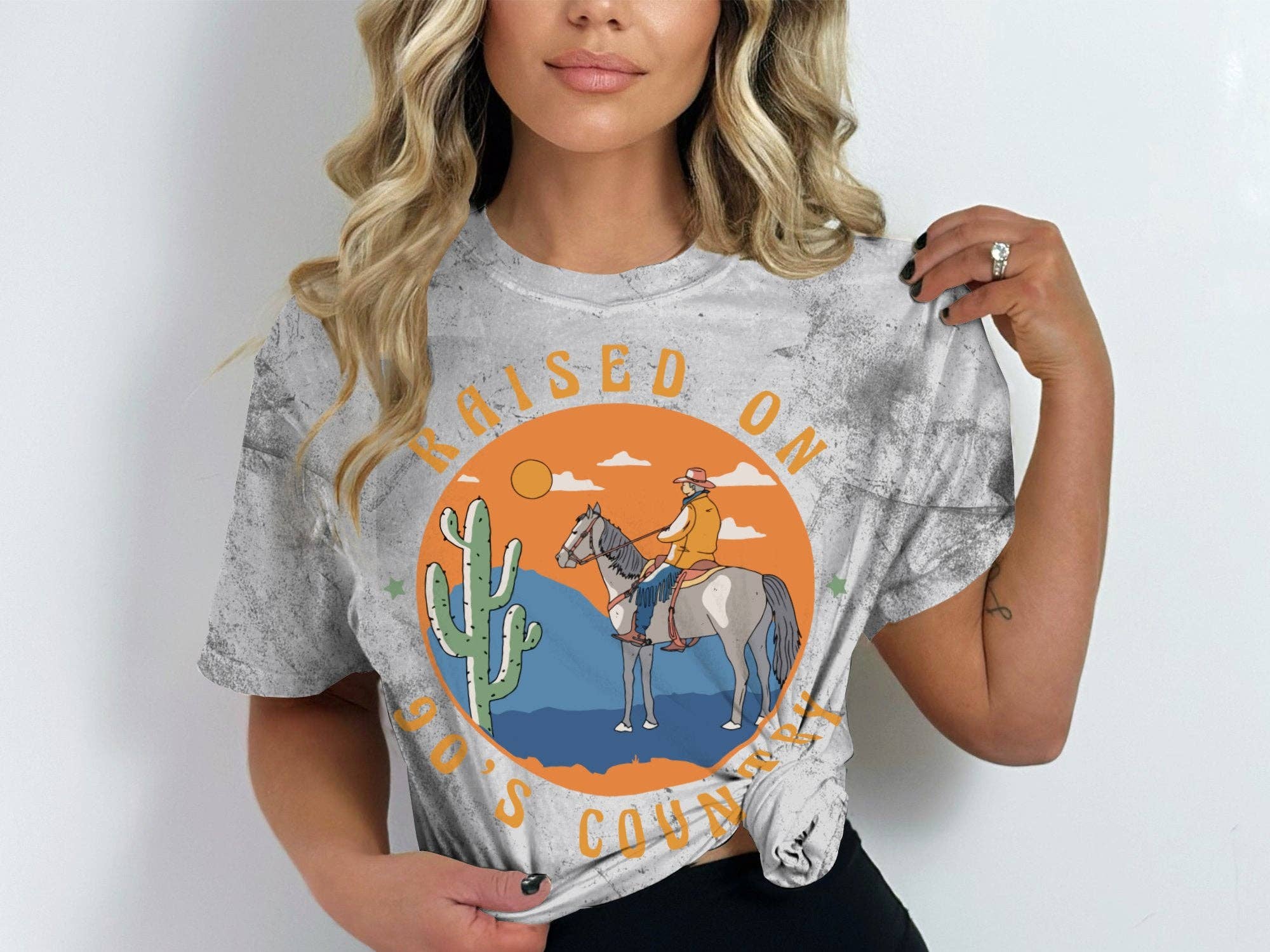 FreakyTeeFactory - Wholesale Screen Printed T-Shirt - Women's - Vintage 90's Country Raised Graphic Tee, Western Cowboy & Horse T-Shirt, Retro Style Shirt24