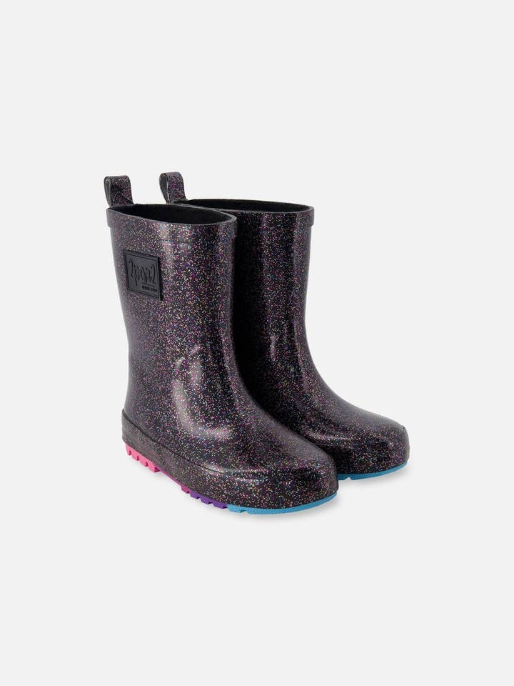 Rain Boots In Natural Rubber Black Glitter for wholesale by Deux par Deux