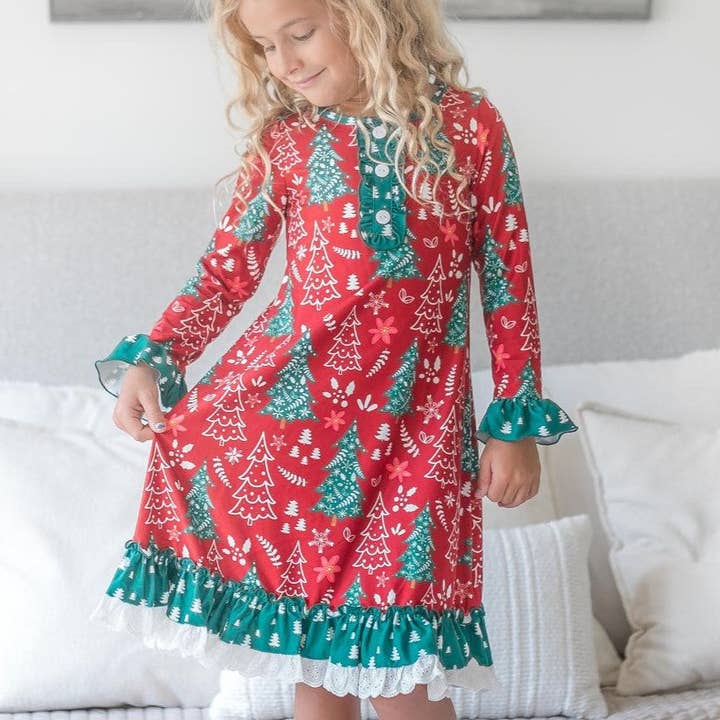 Oopsie Daisy - Wholesale Nightdress - Kids - Kids Red & Green Christmas Tree Ruffle Lounge Play Gown
