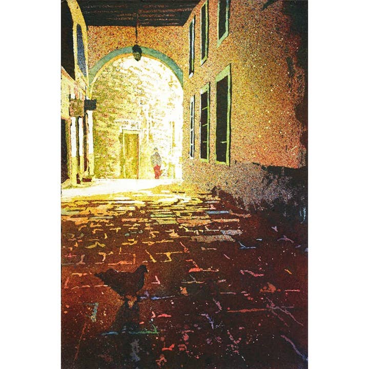 Aquarelschilderij van vrouw & kip in steegje in de UNESCO-werelderfgoedstad Guanajuato, Mexico. Kunstdruk voor wholesale door Ryan Fox Fine Art