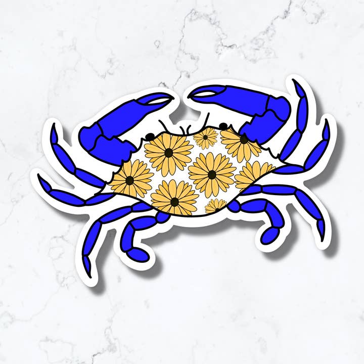 Adhesivo azul con forma de cangrejo de Maryland con ojos negros y flores de Susan para venta al por mayor de Jami Creates
