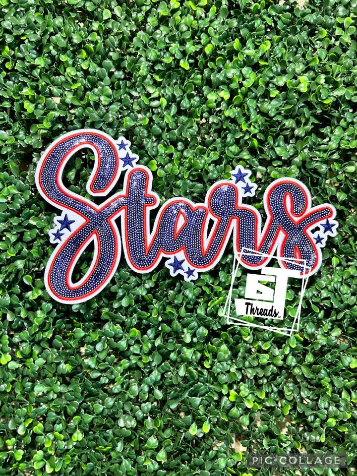 Red and Navy Cursive Sequin Stars....Patches Only for wholesale by 6j Threads LLC