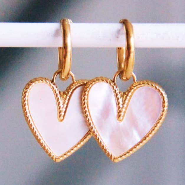Stainless steel hoop earrings with mother-of-pearl heart for wholesale by Bazou