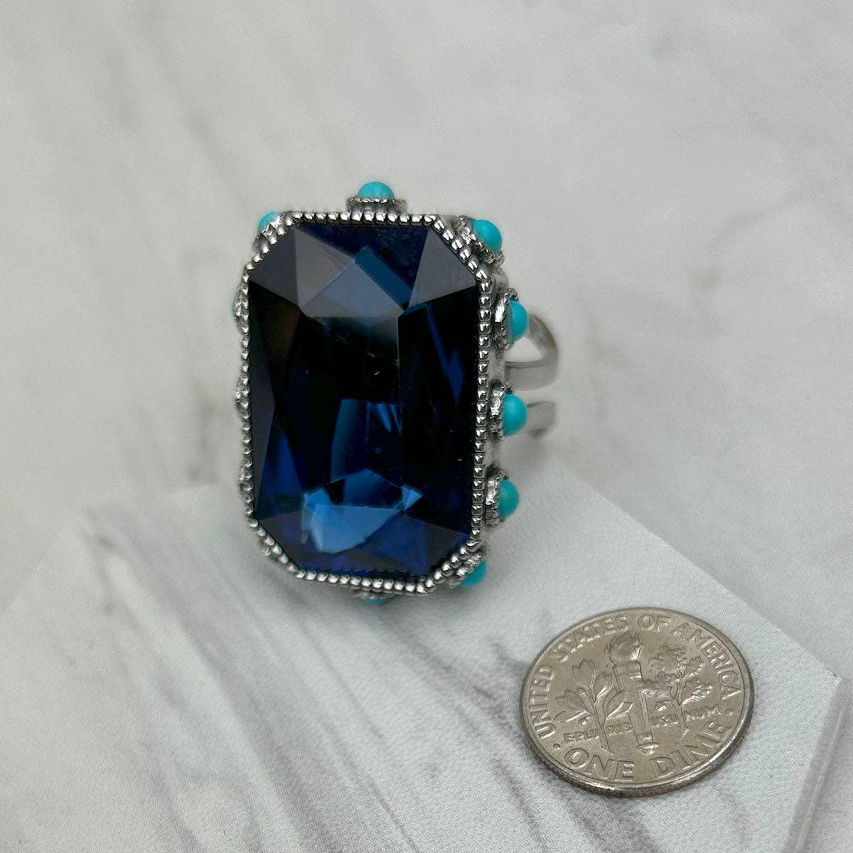 Western Elite Jewelry - Wholesale Cocktail/Statement Ring - RGY241130-02-CLEAR                        Silver metal with clear crystal and blue turquoise stone beads Ring6