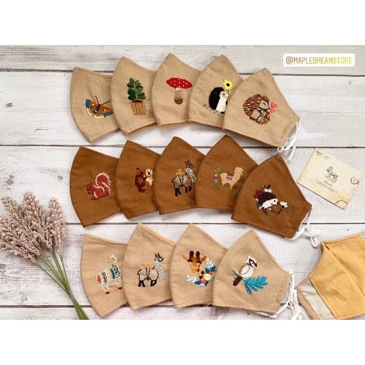 Máscara Rosto | Máscara Facial de Linho Bordada Castanha Mulher por atacado de Maple Dream Store