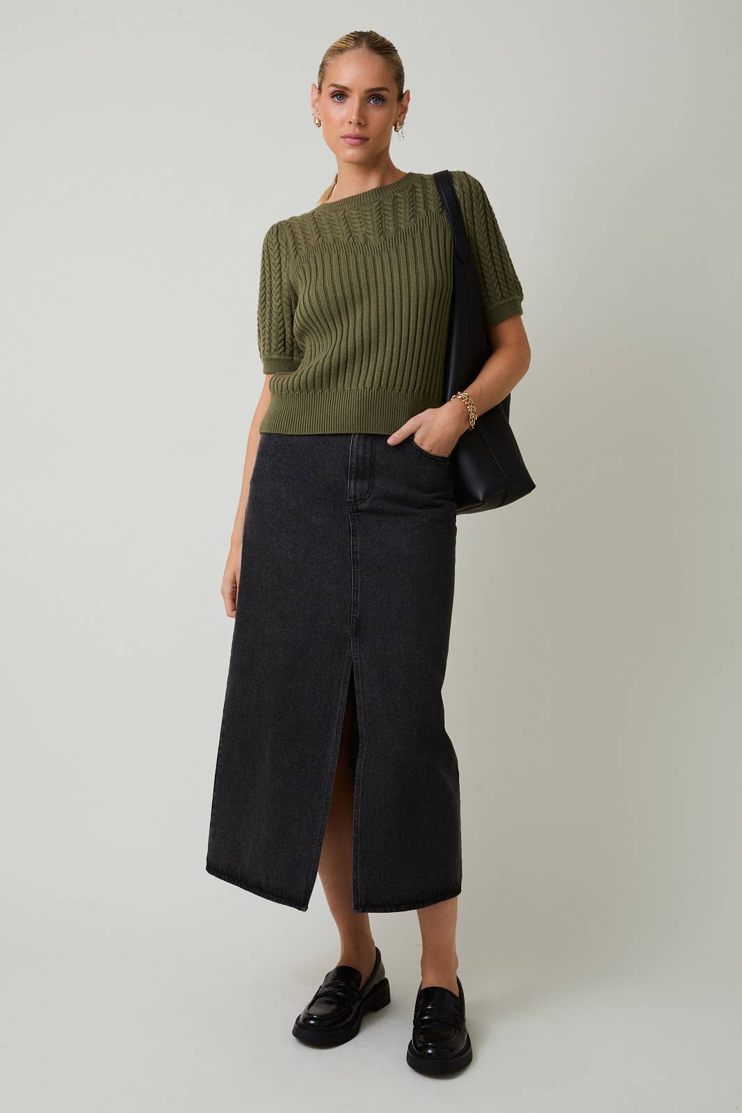 Sunday Edition by LE LIS - Wholesale Knit Sweater - Women's - ROUND NECK PUFF SHORT SLEEVE CABLE SWEATER11