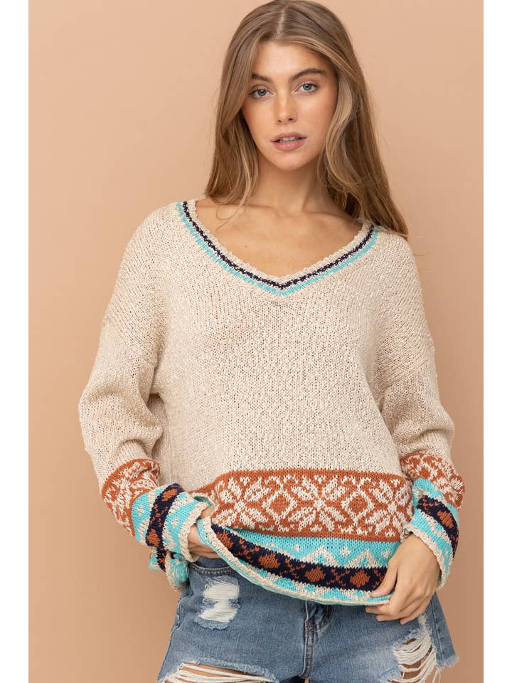 BEIGE 17137W - V-Neck Long SLV Aztec Sweater for wholesale on Faire