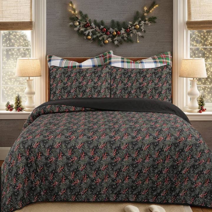 Marcielo Holly Berry Tree Pattern Quilt Set - Christmas Comforter Set (Holiday Bedding Quilted Bedspread Coverlet with 2 Pillow Shams for All Seasons) for wholesale by Sixale