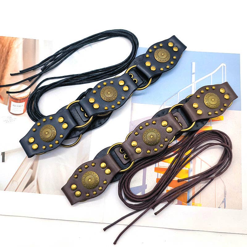 Dipped Shop - Wholesale Belt - Women's - Vintage Studed Metal String Leather Belt DPWB03202