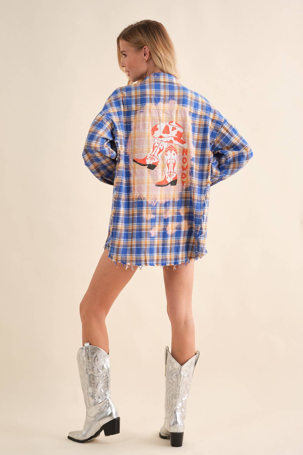 Blue B - Wholesale Button Down Shirt - Women's - 32481T - Cowboy Boots Graphic Back Plaid Oversized Shirt6
