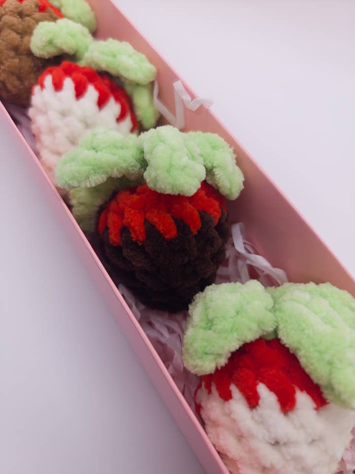 Gift box of crocheted chocolate strawberries for wholesale by Bear Rye