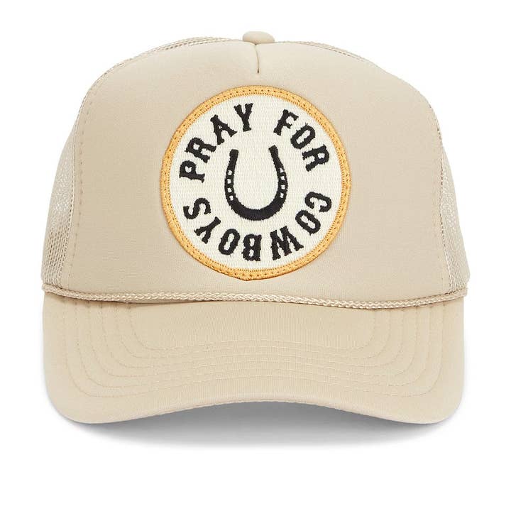 Pray For Cowboys Trucker Hat in Tan for wholesale on Faire