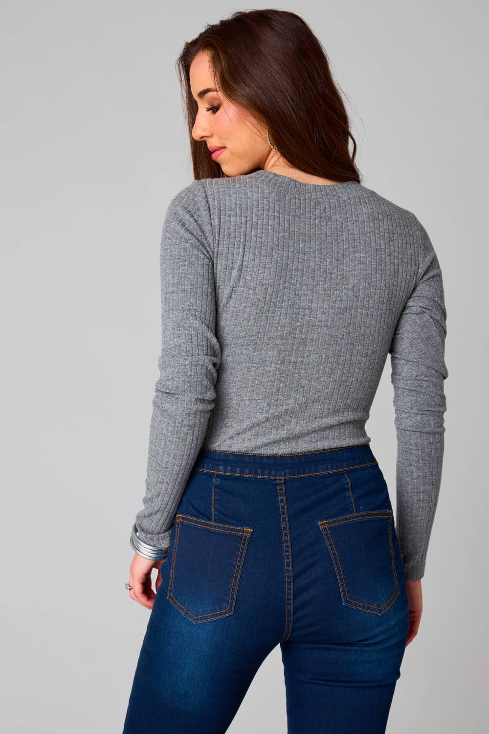 BuddyLove - Wholesale Bodysuit - Women's - Holly Gray Ribbed Long Sleeve Button Up Bodysuit3