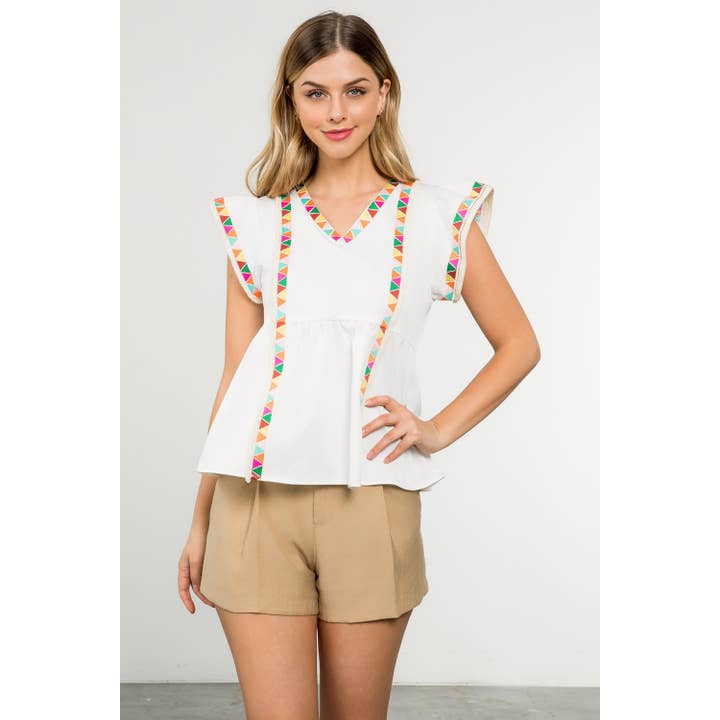 Embroidered Detail Ruffle Sleeve Top for wholesale by THML