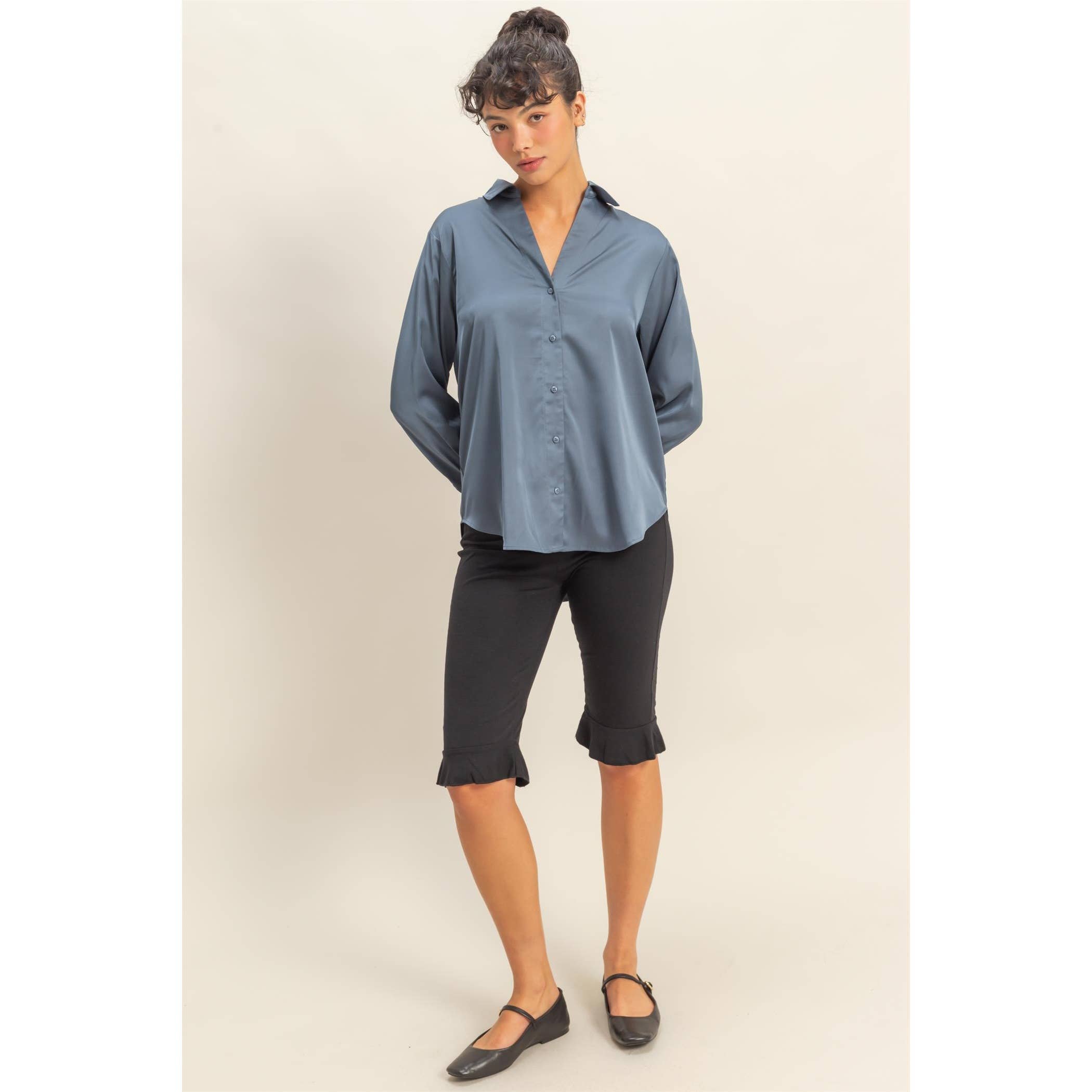 Double Zero - Wholesale Blouse - Women's - Button-Up Satin Shirt With Collared Neckline33